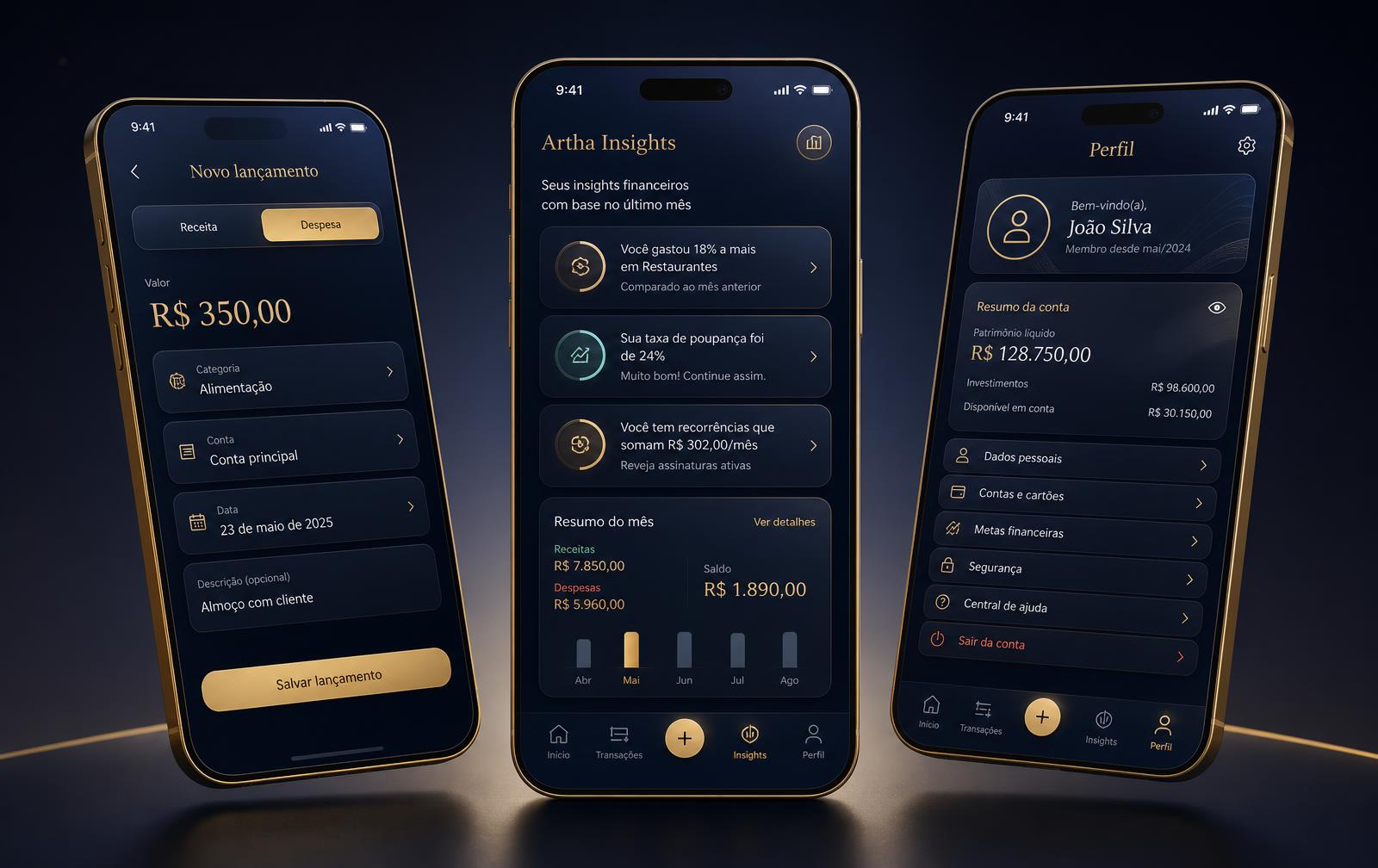 Artha One transactions, insights and profile screens